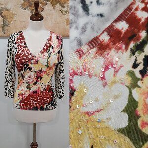 Floral/leopard/sequin stretch sweater - BCBG Max Azria brand